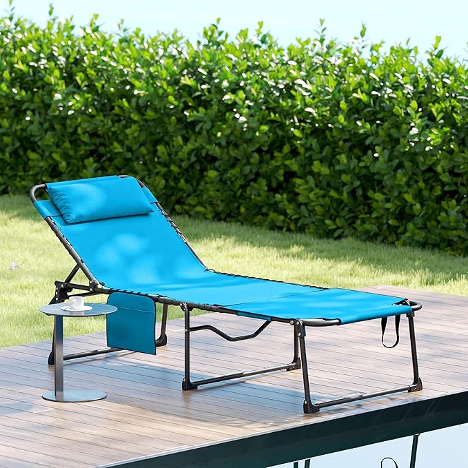 Outsunny Folding Chaise Lounge with 5-Level Reclining Back, Tanning Chair with Face Hole, Outdoor Lounge Chair with Side Pocket & Headrest for Beach, Yard, Patio, Blue