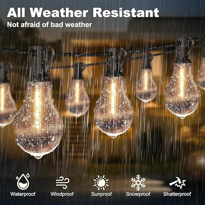 50FT Outdoor String Lights Waterproof with 32+2 Bulbs (1.5FT Bulbs Spacing), Remote & Dimmer, Commercial Patio String Lights with 3 Mode Light & Timing, 50PC Mounting Ties for Outside