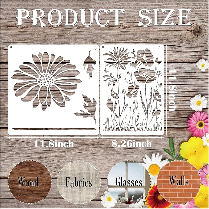 Large Fence Flower Stencils for Painting on Wood Jumbo Sunflower Floral Butterfly Fence Stencils for Outdoors Garden Walls Lace Crafts Reusable Home Canvas Furniture Paper (fence8)