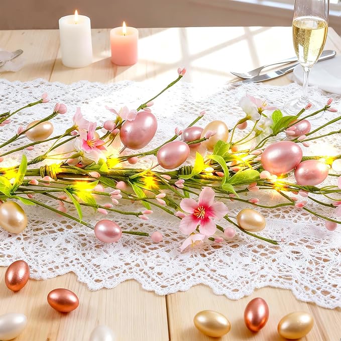 6 Ft Artificial Easter Garland Easter Pink Egg Flower Berry Garland Decorations Spring Flower Garlands with Pastel Eggs and Mixed Twigs for Fireplace Mantel Indoor Outdoor Home Party Door Wall Decor