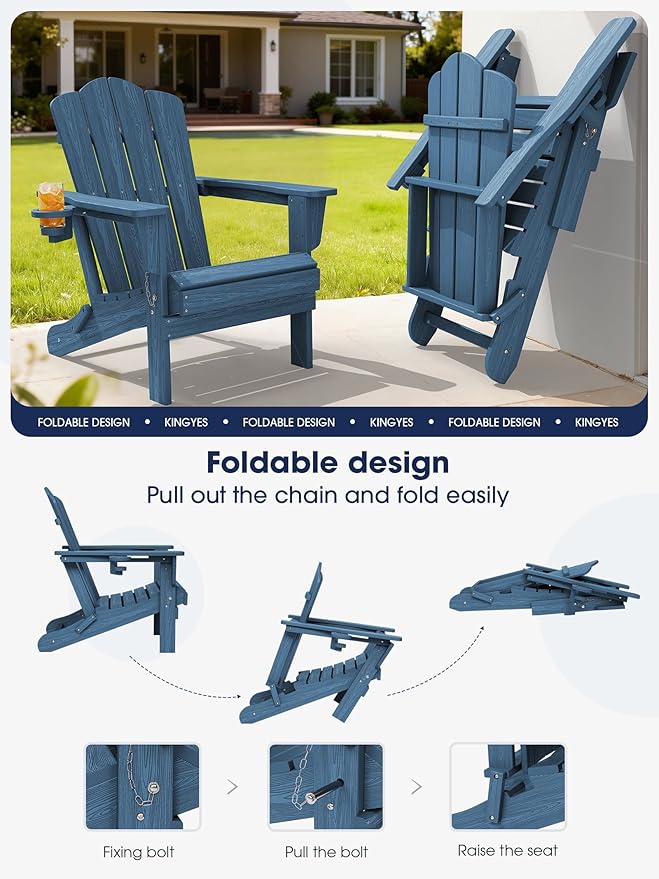 KINGYES Folding Adirondack Chair Set of 6, HDPE All-Weather Patio Chairs with Cup Holder, Wooden Textured Fire Pit Chairs for Poolside, Backyard, Deck, Navy