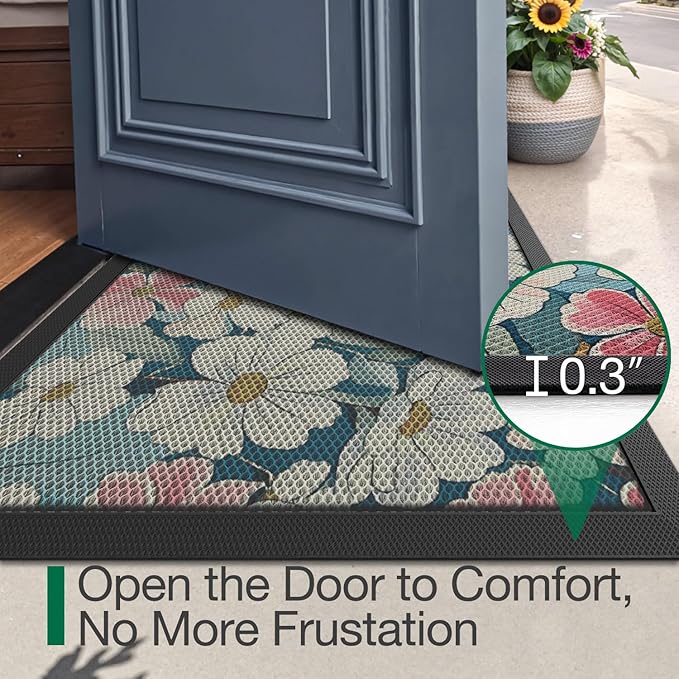 LUMI Outside Door Mat 32x47, Non Slip Rubber Backing Doormat, Low Profile Easy Clean Entrance Mats for Front Back Door Entryway Porch Garage, Bloom Flower