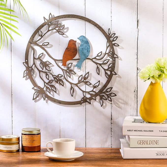 Ferraycle Metal Wall Art Bird on Tree Branch Silhouette Bird Art Decor for Living Room Garden Bedroom Office Home Wall Housewarming Party Decor(Vivid Color)