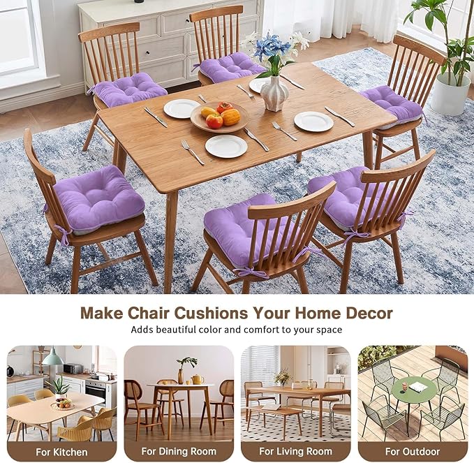 BETU Chair Cushions for Dining Chairs Set of 6,3.5" Thick Kitchen Table Chair Pads with Ties,Non Slip Backing and Covers, Seat Cushion for Dining Room,Bar,Patio Chairs,16"X16"X3.5",Purple
