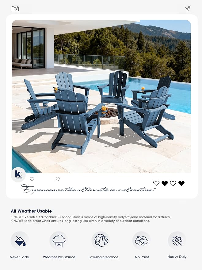 KINGYES Folding Adirondack Chair Set of 8, HDPE All-Weather Patio Chairs with Cup Holder, Wooden Textured Fire Pit Chairs for Poolside, Backyard, Deck, Navy