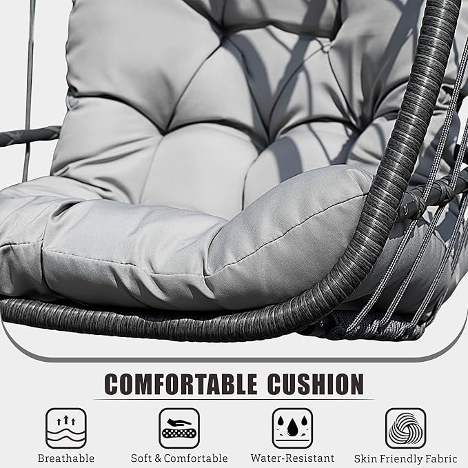 HWB Hanging Egg Chair with Stand, Patio Wicker Egg Swing Chair with Cushion for Bedroom Garden Indoor Outdoor (Grey)