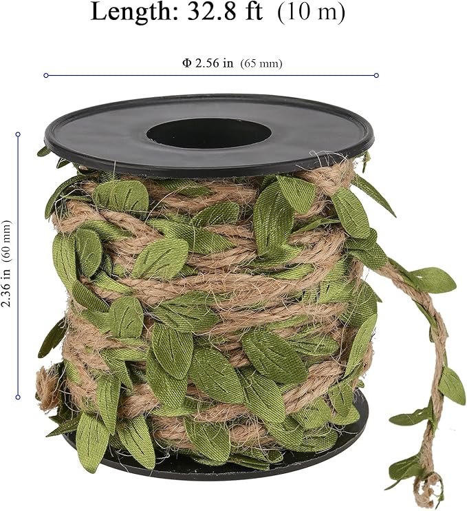 KEILEOHO 196Ft 5MM Burlap Leaf Ribbon, 6 Rolls 33 Ft Natural Jute Twine Rope,Jute Twine with Green Leaves Ply Braided Burlap Ribbon Artificial Leaves Vine Rope for Wedding, Party, Garden Decor