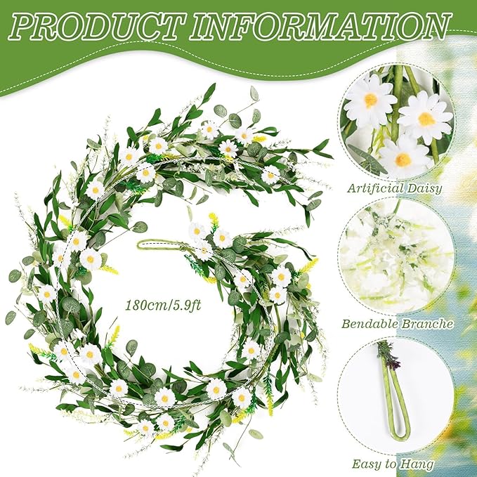 6 Ft White Flower Garland Artificial Summer Spring Faux Daisy Wildflower Floral Garland Spring Wreath for Wedding Arch Porch Stair Table Indoor Door Home All Year Decoration