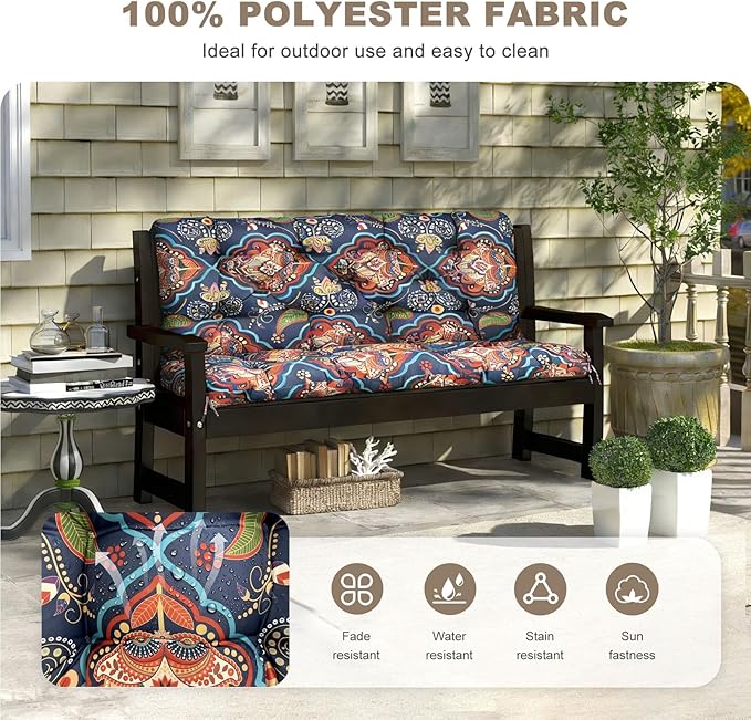 Porch Swing Cushion with Backrest,Waterproof Bench Cushion for Outdoor Furniture,2-3 Seater Replacement Thickened Swing Cushion with Ties,Patio,Outdoor,Backyard and Garden (Bohemian,40x40)