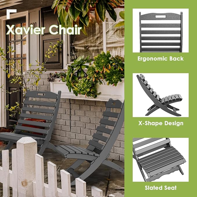 GREENVINES Folding-Xavier-Chair | Wave | Portable Adirondack-Chairs | HDPE Plastic | All Weather Fire-Pit Chair | Gray | for Beach Outdoor Deck Poolside Garden Patio Porch Fishing