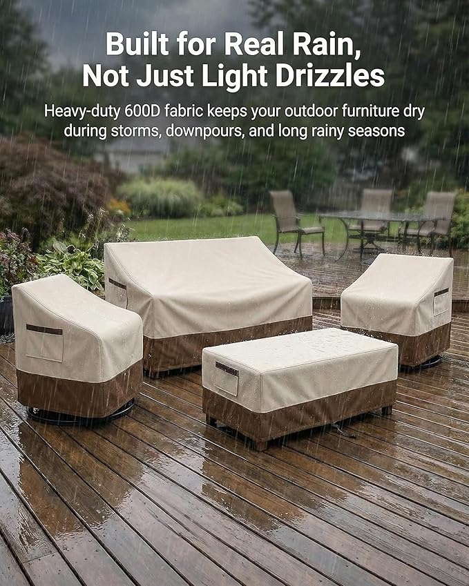4-Piece Patio Furniture Cover Set, Waterproof Outdoor Furniture Covers for 3-Seater Sofa, Patio Chairs & Coffee Table, Heavy-Duty 600D, Fade&UV-Resistant, Breathable, All-Season Protection,Beige&Brown