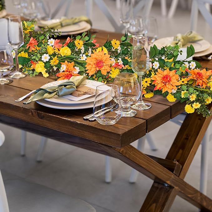 GENMOUS Artificial Dahlia Daisy Flower Garland Decor, 5.3Ft Spring/Summer Fall Garland Floral Garlands for Indoor Outdoor Home Wedding Arch Porch Stair Backdrop Year Round Decor (Yellow Orange)