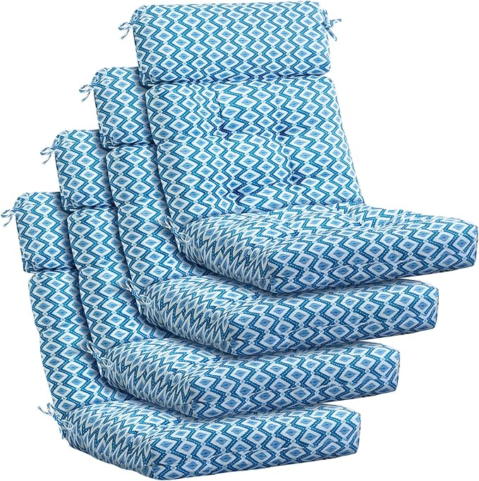 Barydat 4 Pcs Tufted High Back Chair Cushion Indoor Outdoor Seat and Back Cushions Palm Leaves Tropical Plants Lawn Rocking Chair Pads with Ties for Adirondack Patio Garden(Blue Argyle)
