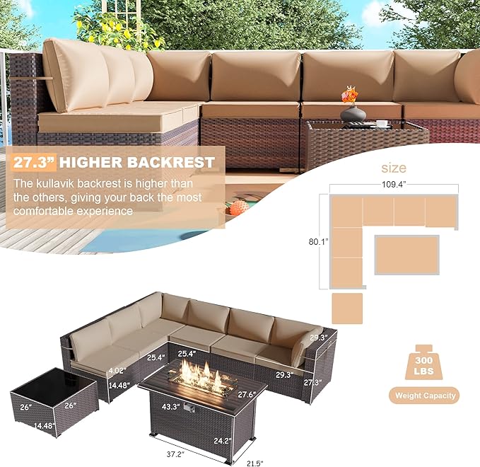 Kullavik 8 PCS Outdoor Patio Furniture Set with 43" 55000BTU Gas Propane Fire Pit Table PE Wicker Rattan Sectional Sofa Patio Conversation Sets,Khaki