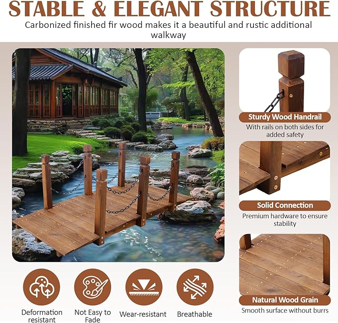 5 FT & 3.3 FT Wooden Garden Bridge, Stained Wood Arc Footbridge with Chain or Half-Wheel Railings for Backyard Pond, Creek, Farmhouse Landscape Decor, Easy Assembly (Brown-5 FT)