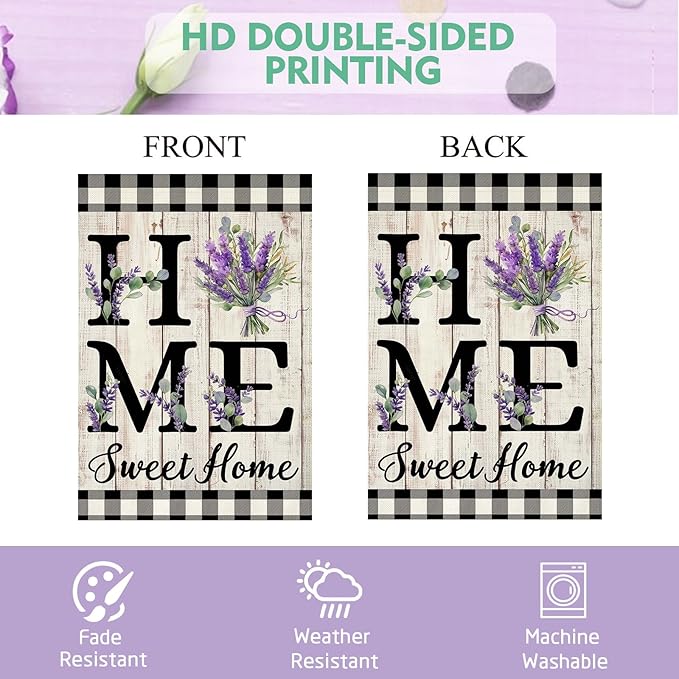 ORTIGIA Spring Summer Garden Flag 12.5 x 18 Inch Double Sided Burlap Home Sweet Home Purple Lavender Floral Flower Small Yard Flag Holiday Outdoor Outside Wedding Anniversary Decoration