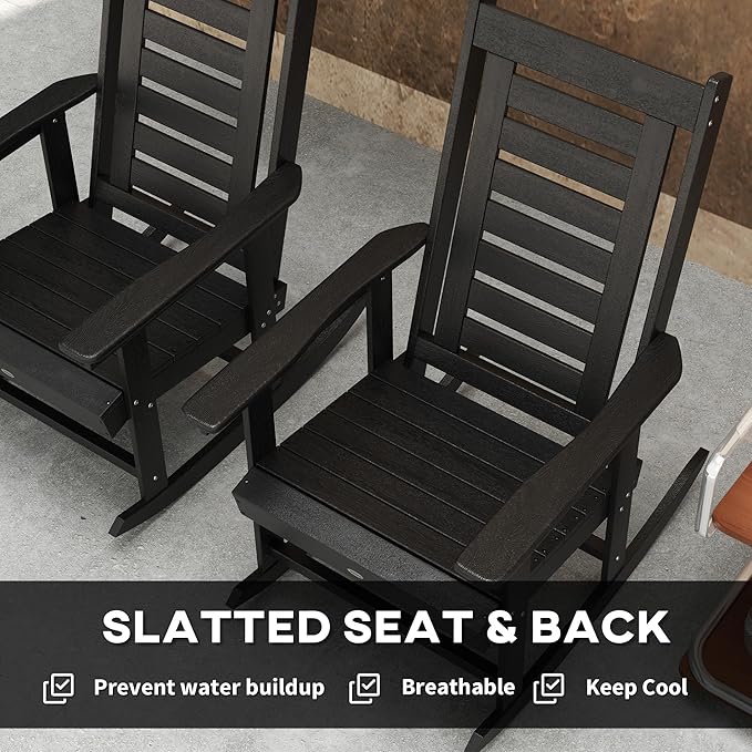 Outsunny Outdoor Rocking Chairs Set of 2, HDPE Patio Rocking Chairs with 28" High Back and Wide Armrests, All-Weather Slatted Porch Rockers for Garden, Balcony, Fire Pit, Black