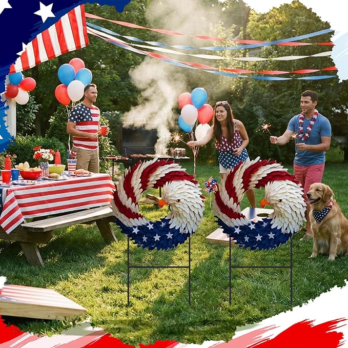 Amyhill 2 Pcs 4th of July Outdoor Decor Patriotic Eagle Metal Garden Stakes Welcome Yard Signs Red White Blue Garden Stakes for 250th Anniversary Independence Memorial Day Patio Lawn Walkway Outside