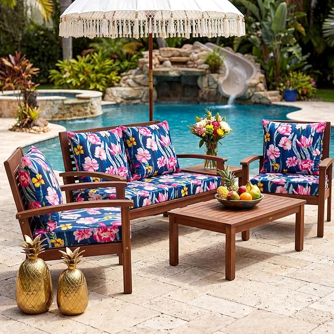 Hoteam 4 Set Outdoor Chair Patio Cushions Deep Seat Waterproof Chair Cushions 20 x 20 Inch for Patio Furniture Set Replacement Removable Seat and Back(Retro Flower)