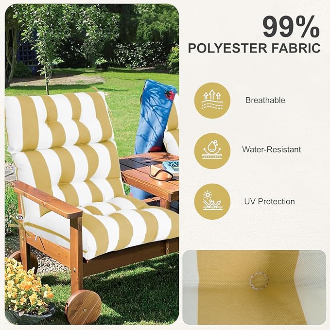 Outdoor High Back Chair Cushions 2-Pack, 44"x22"x 4" Fade-Resistant Waterproof Tufted Pads with Ties for Patio Rocking & Adirondack Chairs (Yellow White)