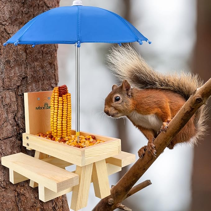 MIXXIDEA Squirrel Feeder Table with Umbrella, Wooden Squirrel Picnic Table Feeder, Sturdy Squirrel Feeder Corn Cob Holder, with Solid Structure and 2 x Thick Benches(Blue)