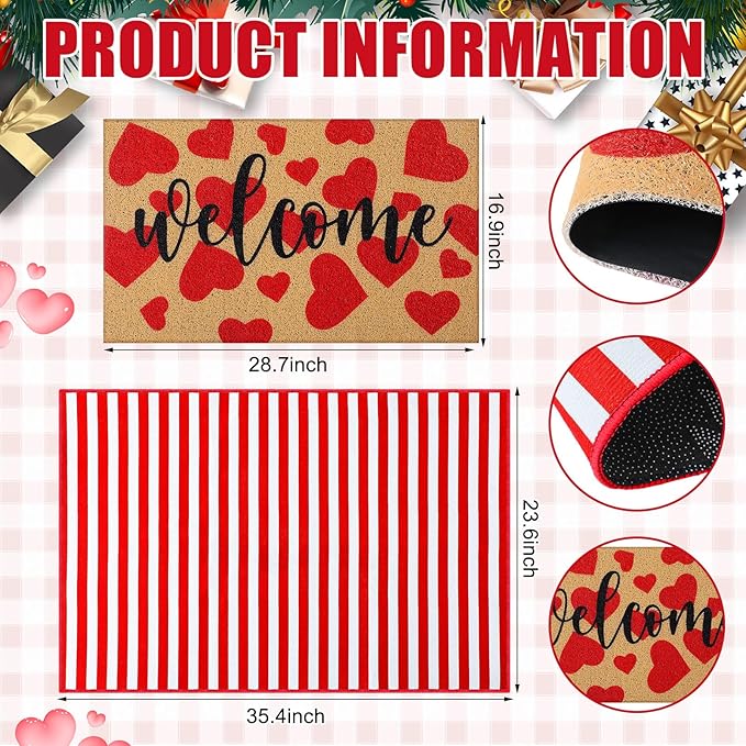 Tinideya 2 Pcs Valentines Welcome Door Mat Heart Outdoor Welcome Mats for Front Door Non Slip Heart Coir Floor Mat Red White Stripe Valentines Rug for Outside Front Porch Entryway Decor