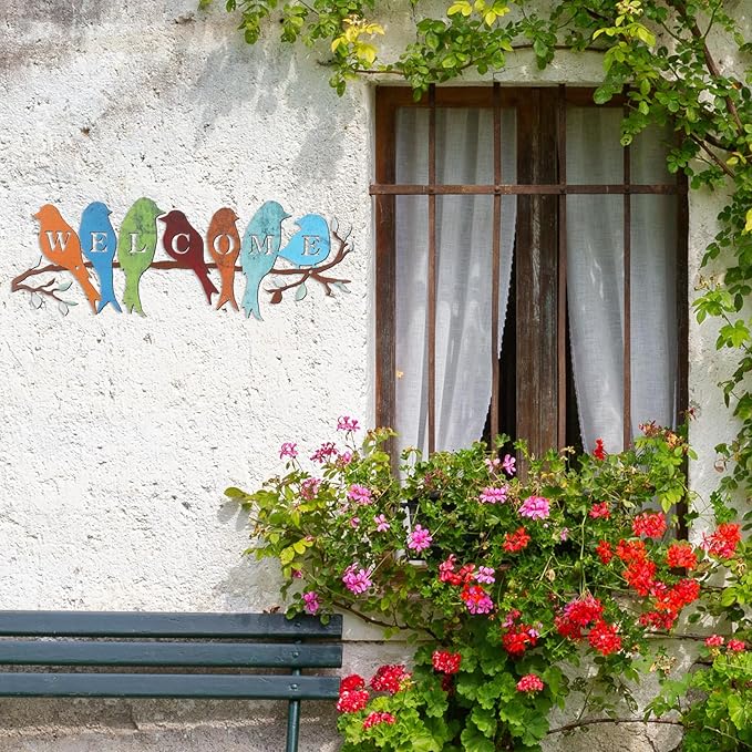 Peryiter Bird Wall Art Birds on Branch Welcome Sign Hanging Outdoor Metal Wall Decor Welcome Signs for Porch Vivid Statue Welcome Wall Decor Tree Silhouette for Bedroom Garden(Rustic Colors)
