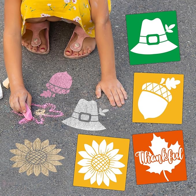 36pcs Thanksgiving Drawing Stencils for Kids 8 Inch Sidewalk Chalk Stencils Painting Large Washable Reusable Autumn Themed Primary Shape Template for Kids Toddlers Preschool