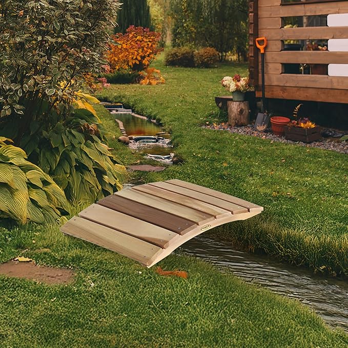 All Things Cedar Outdoor Wooden Garden Bridge for Walkway, Backyard Pond, 2’, Natural