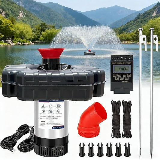 Pond Fountain Aerator 1HP 110V 750W - pond fountain- pond aerator 15,000 GPM - Includes 100-foot Power Cord - Features Tow Rope Steel Anchoring Pin Timer - Suitable for Ponds and Lakes