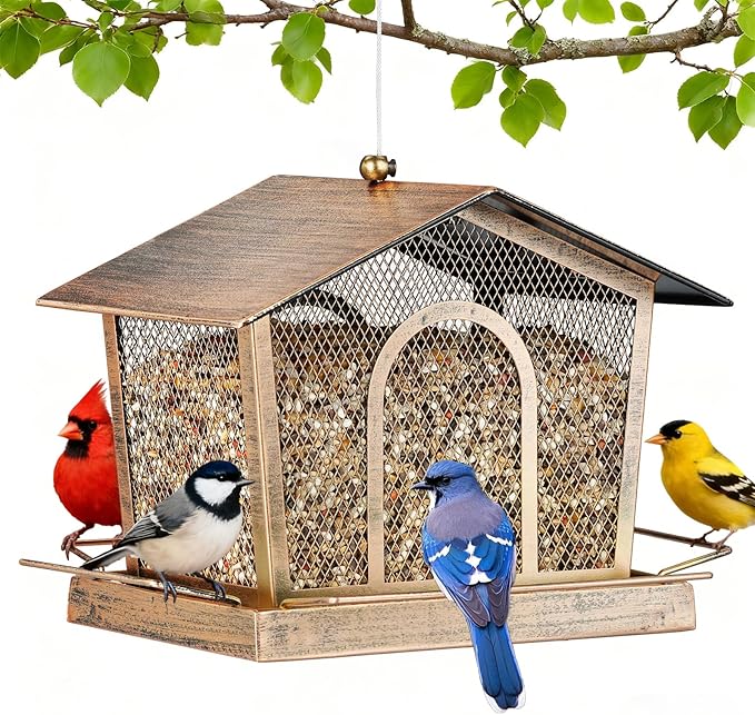 LBTING Bird Feeder for Outside, Metal House-Shaped Bird Feeder, Squirrel Proof Wild Bird Feeders for Hanging Outdoor Garden Yard - Gold