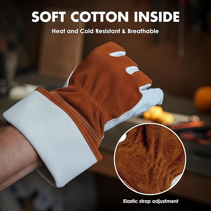 Leather MIG Welding Gloves, 16 Inches IN L/XL/XXL, Heat Resistant and Fireproof Stitching Gloves for Stick, Mig, Tig, Forge, BBQ, Grill, Fireplace, Wood Stove, Furnace, Oven, Pot