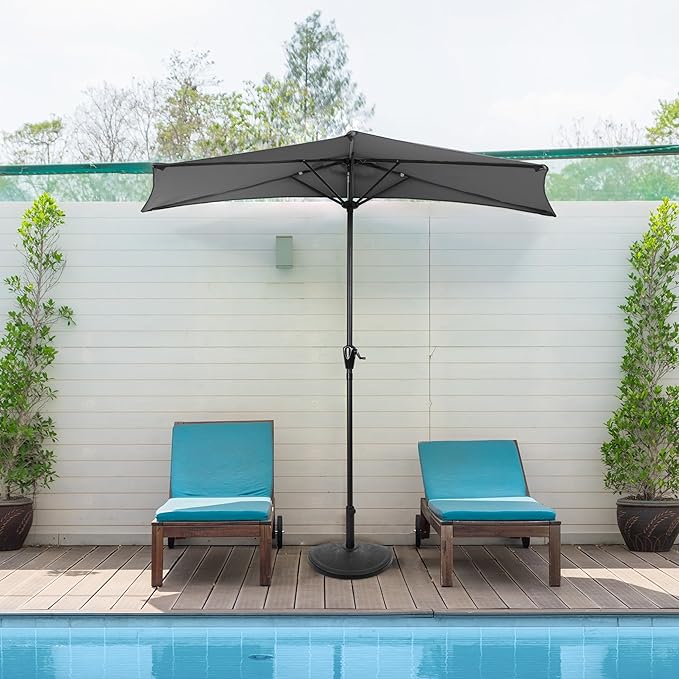 Half Umbrella Outdoor Patio Shade - 9 ft Patio Umbrella with Easy Crank - Small Canopy for Balcony, Table, or Deck by Pure Garden (Gray)