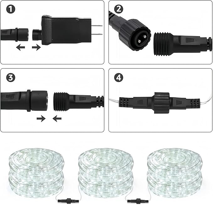 Lighting EVER 33ft 240 LED Outdoor Rope Lights Cool White 6000K, 24 V Connectable, Waterproof Clear Tube String Lights for Deck Railing, Patio Ground, Garden, Yard Lawn, Flower Bed Landscape, Camping