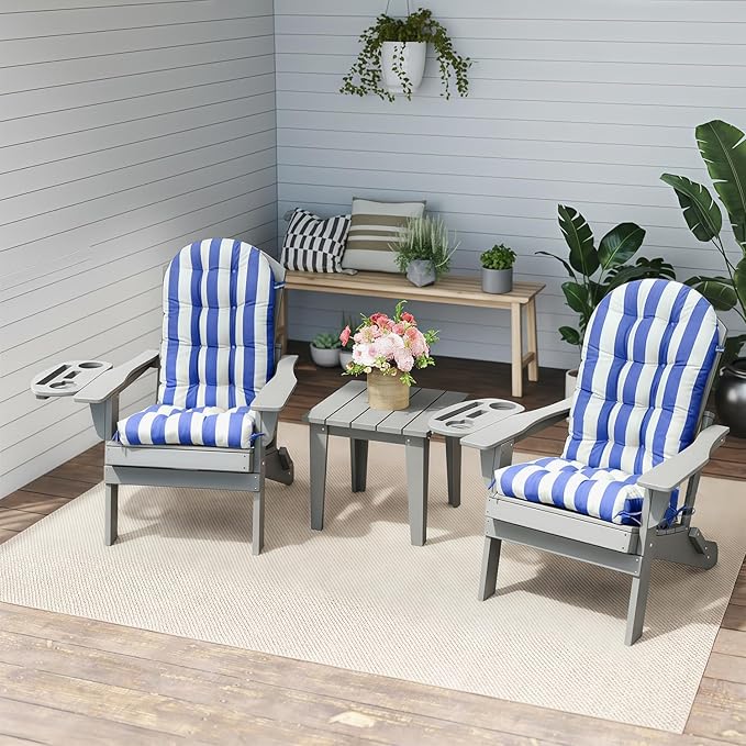 Adirondack Chair Cushion Set of 2, Thickened Patio Chair Cushions with Ties, Waterproof and UV-Protected Rocking Chair Cushion for Indoor and Outdoor, Stripe Navy Blue.