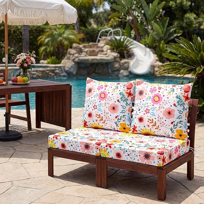 Hoteam 4 Set Outdoor Chair Patio Cushions Deep Seat Waterproof Chair Cushions 20 x 20 Inch for Patio Furniture Set Replacement Removable Seat and Back(Watercolor Flowers)