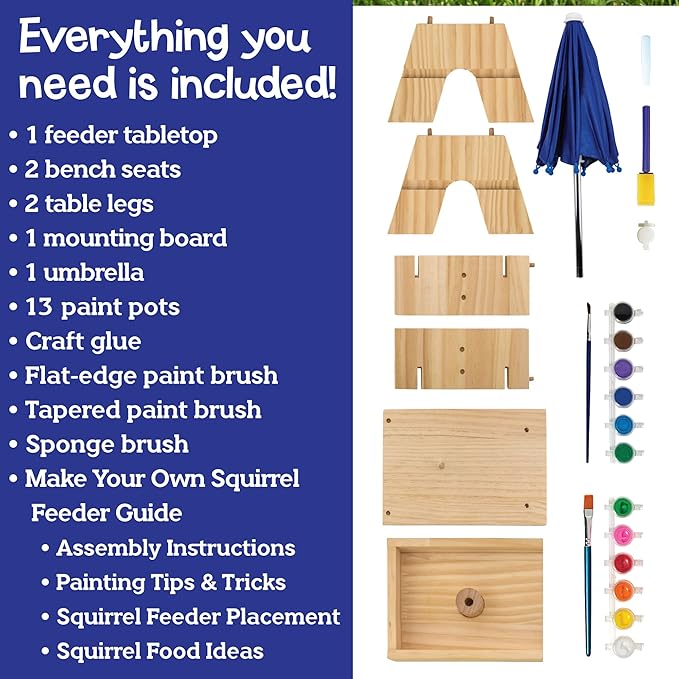 MindWare Make Your Own (MYO) Squirrel Feeder Craft Kit for Kids - Includes Wood Pieces, Paint, Brushes, Instructions and More