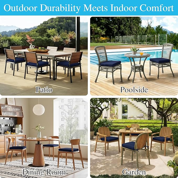 Amagenix Outdoor Chair Cushions Set of 2, 17"x16"x3" Waterproof Outdoor Seat Cushions for Patio Furniture, Stripe Reversible Patio Cushions with Ties & Handle & Hidden Zipper, Fade-Resistant,Navy Blue