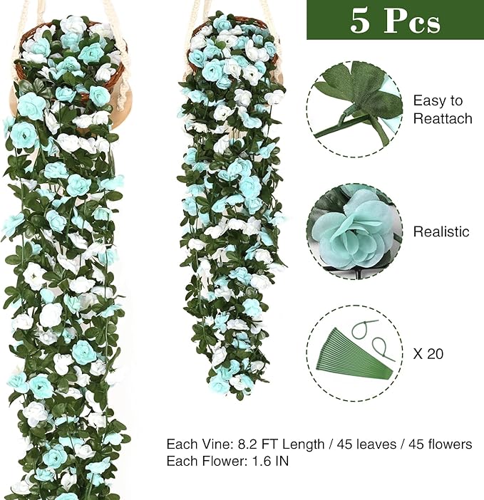 BLEUM CADE 5Pcs 41Ft Flower Garland Artificial Rose Vines for Bedroom, Cute Fake Hanging Flower Vines Floral Garland Decorations for Wedding Party Wall Room Decor Aesthetic