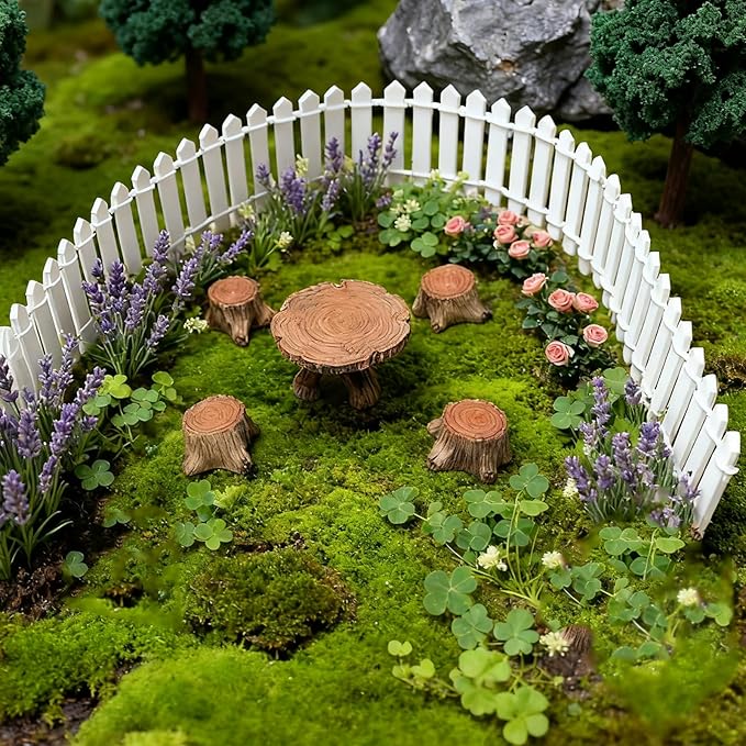 Fairy Garden Accessories, 35 Inch White Mini Fence & Outdoor Miniature Table and Chairs Set Resin Furniture Ornaments Kit Micro Landscape Decor for DIY Craft Gift Dollhouse Succulents Home Decoration