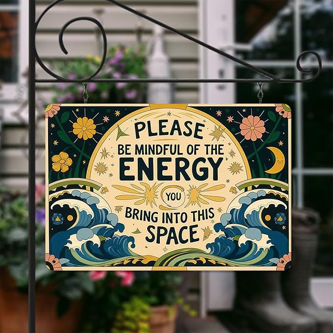 Vintage Tin Signs Metal Retro Wall Art Decor - Please Be Mindful of the Energy You Bring Into This Space, Positive Energy Metal Signs for Home Yoga Cafes, Spiritual Sign Boho Art Aesthetic 8x12 Inch