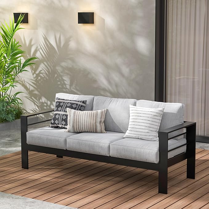 Wisteria Lane Patio Furniture Aluminum Sofa, All-Weather Outdoor 3 Seats Couch, Black Metal Chair with Light Grey Cushions