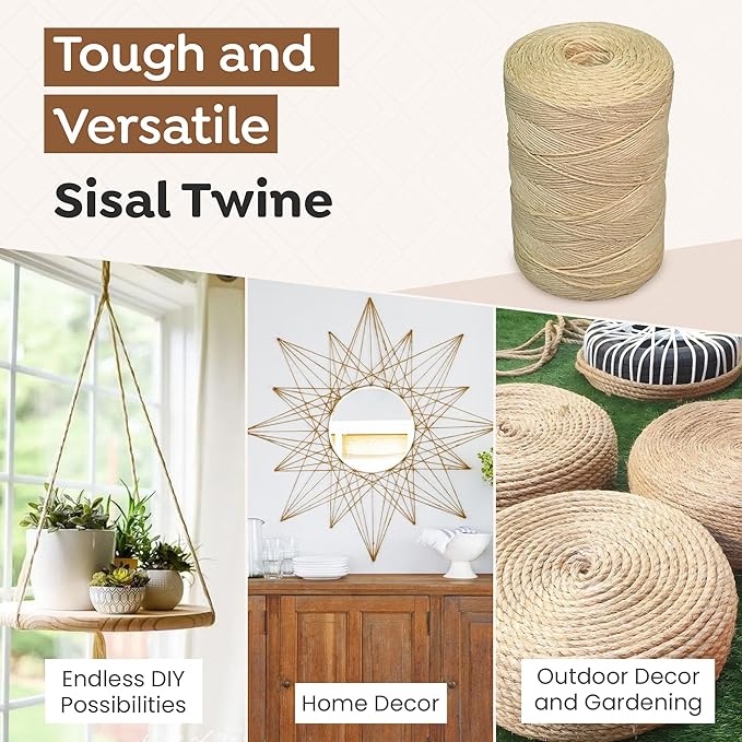 Premium Brazilian Sisal Twine, Natural Fiber 100% Sisal, Heavy-Duty, Ultra Durable, Ideal for DIY Projects, Home Decor, Gardening, Crafting, Gifting, Wrapping (164 ft / 50 m Coil)