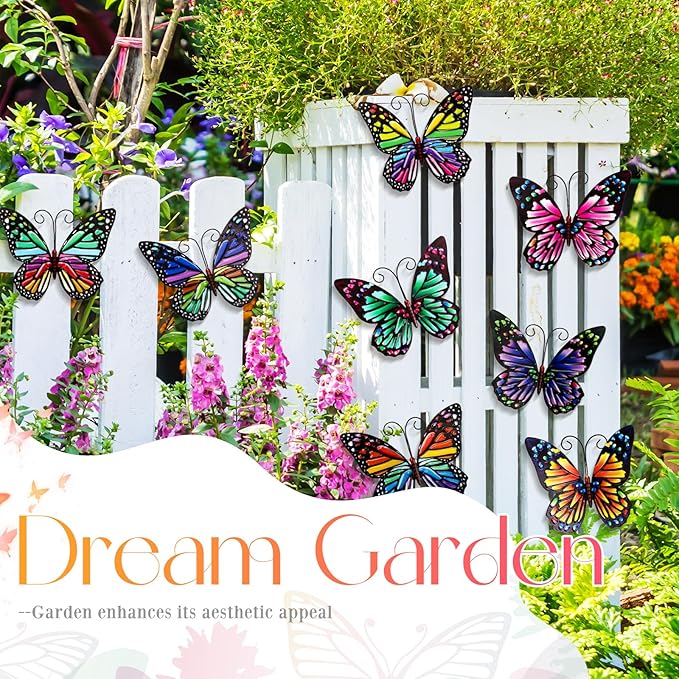 Jetec 8 Pcs Metal Butterfly Wall Decor 6.5 Inch Outdoor Butterflies Wall Art Sculpture 3D Butterfly Hanging Decoration for Spring Outside Fence Garden Yard Home Patio Balcony(Cute Style)