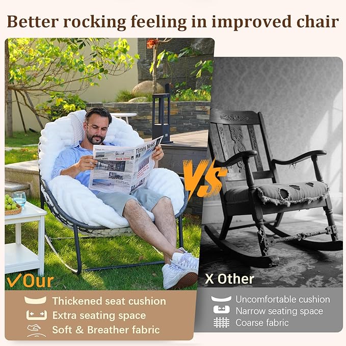Outdoor Rocking Chair, Patio Wicker Egg Chair, Indoor Comfy Oversized Papasan Chair with Padded Cushion, Royal Rattan Rocker for Front Porch, Garden, Patio (White)