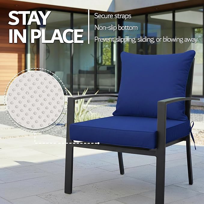19x19 Inch Patio Chair Cushions Set of 2, Outdoor Furniture Cushions - Removable Cover, Water-Repellent, Fade-Resistant, Non-Slip Bottom & Straps, Replacement for Lawn, Porch & Deck Chair - Navy