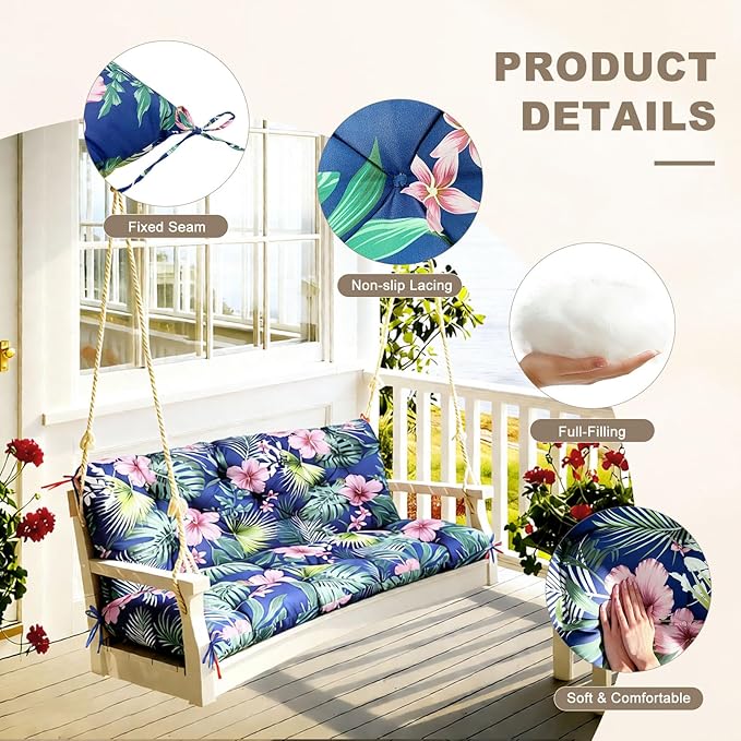 Porch Swing Cushion with Backrest,Waterproof Bench Cushion for Outdoor Furniture,2-3 Seater Replacement Thickened Swing Cushion with Ties,Patio,Outdoor,Backyard and Garden (Tropical Floral,47x40")