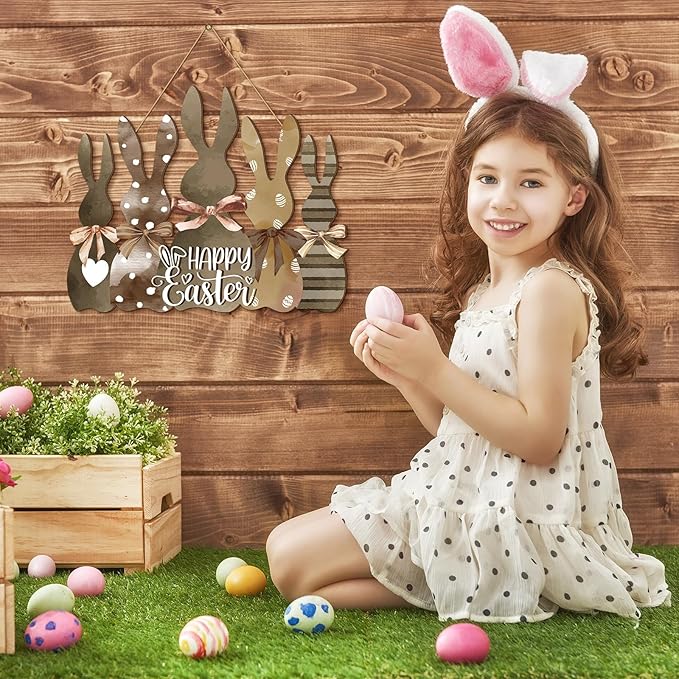 Juexica Easter Bunny Welcome Door Sign Easter Wall Hanging Sign for Front Door Wood Front Porch Decor Wall Pediments