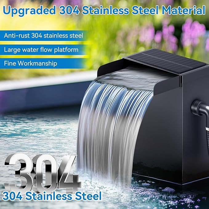 POPOSOAP Pond Waterfall Spillway with LED Lights, 304 Stainless Steel Waterfall Kit with Filtration & 9.8FT Tubing, 660GPH Pond Pump Fountain Kit for Outdoor Garden, Patio, 13.4" H x 8"W-P432D