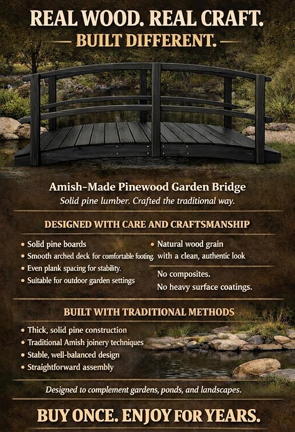 8 FT Black Amish Made Garden Bridge with Double Rails for Walkway, Backyard Pond & Landscaping, Outdoor Wooden Footbridge for Koi Pond, Japanese Style Decorative Bridge, Made in USA